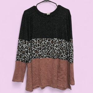 P & Rose Tunic Womens 1XL Long Sleeve Top Animal Print Taupe Dark Gray EUC
